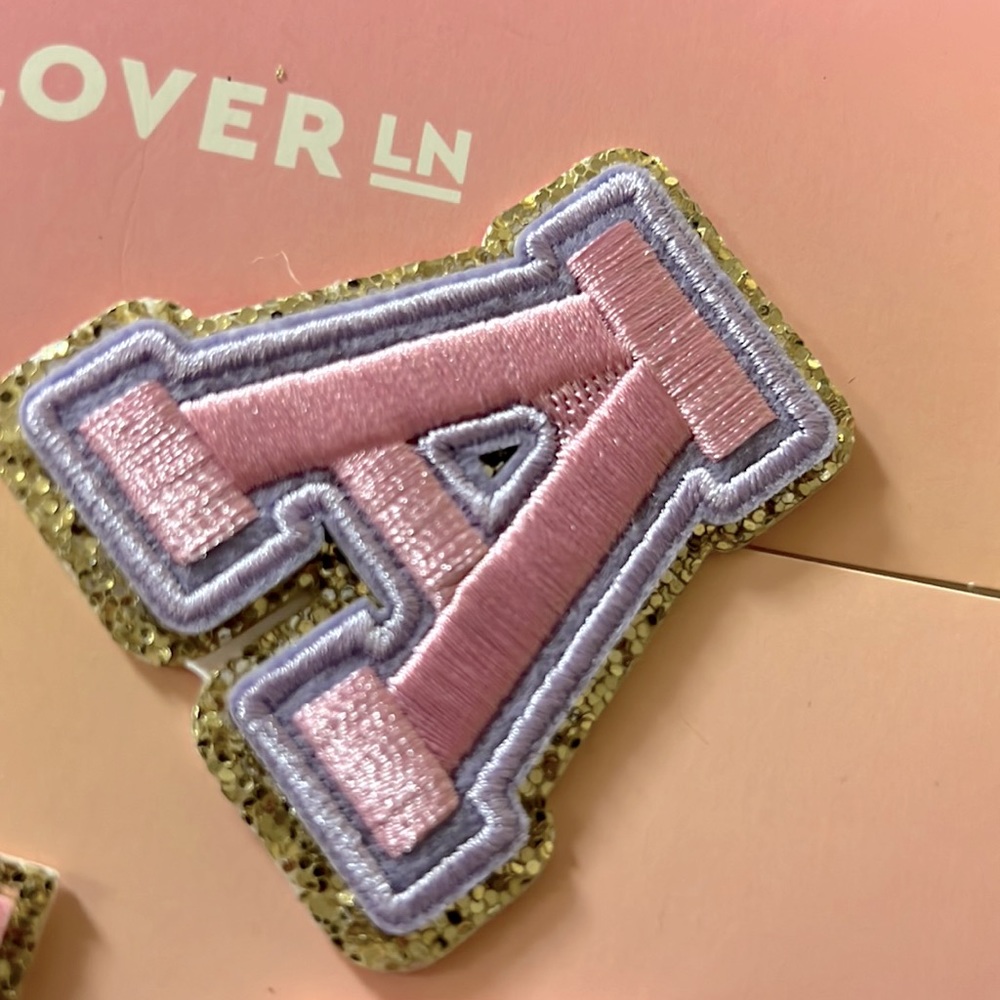 Stoney Clover Lane pink, lavender, gold embroidered initial A letter patch